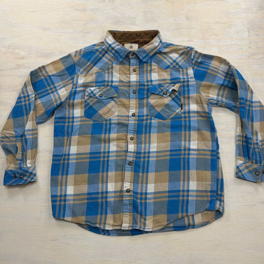 Legendary Whitetails Flannel Shirt XL Plaid Corduroy Trim Blue Tan Mens